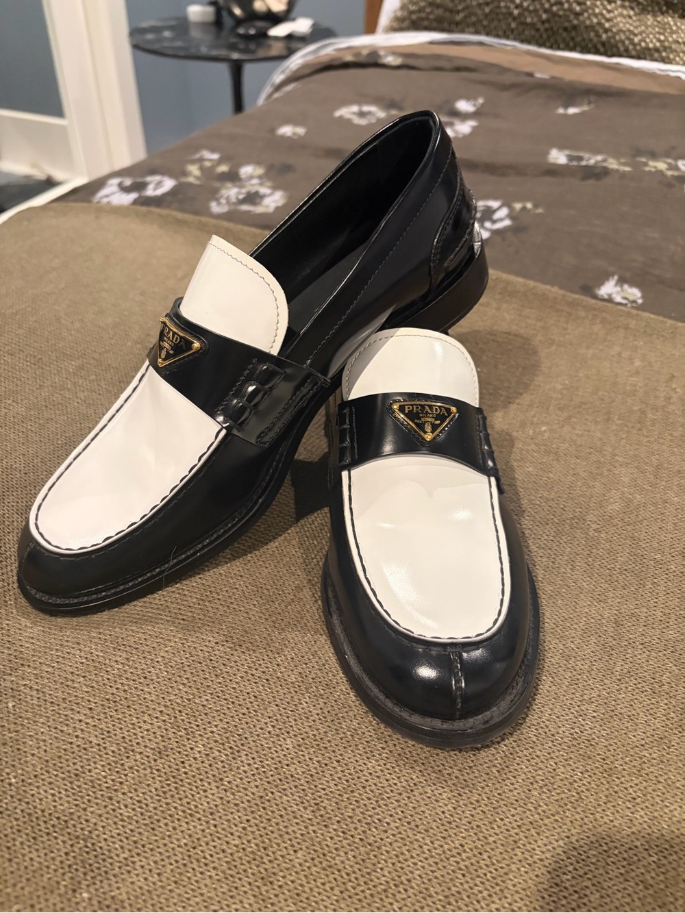 Prada Black and White Patent Leather Penny Loafers